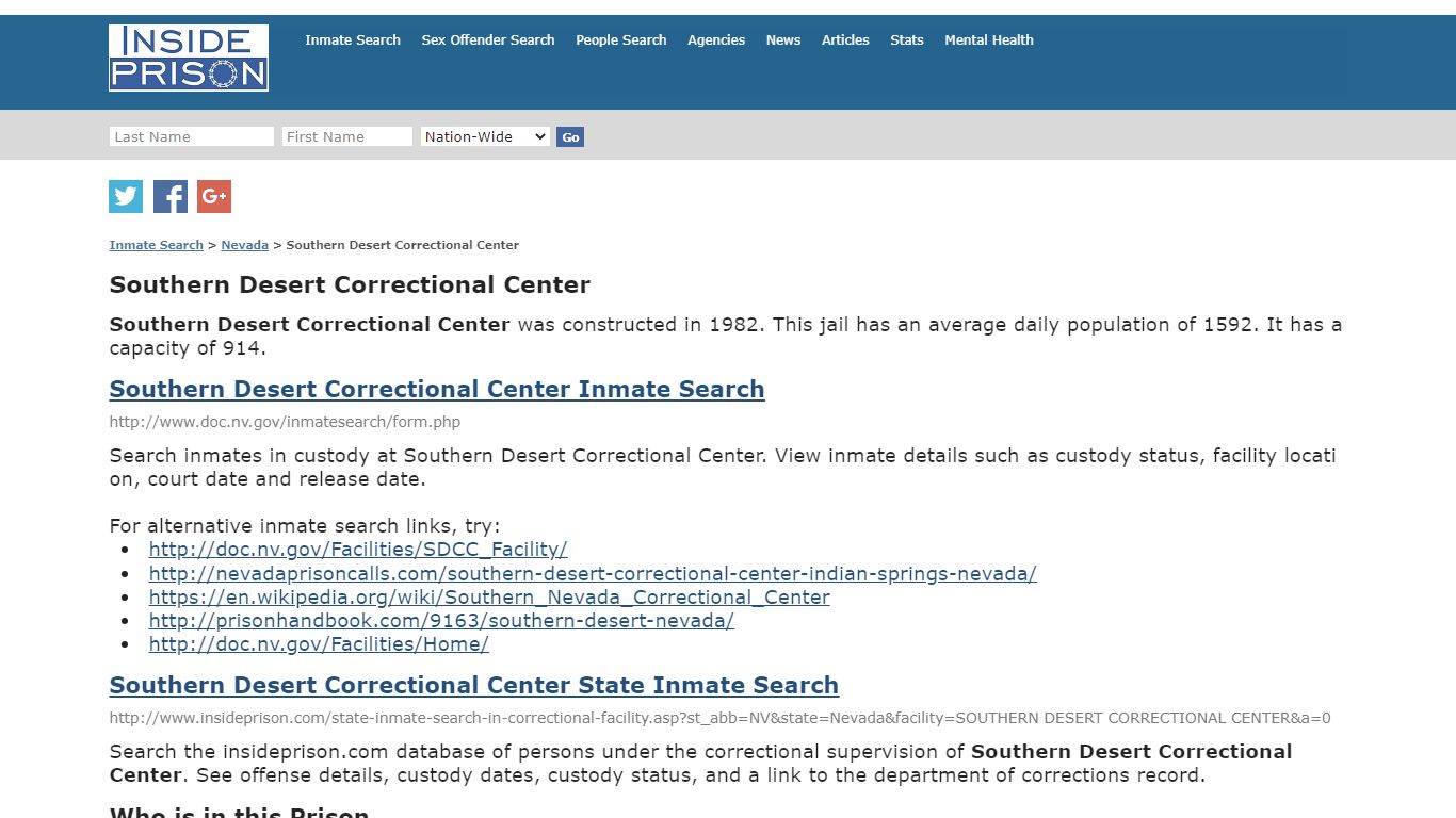 Southern Desert Correctional Center - Nevada - Inmate Search